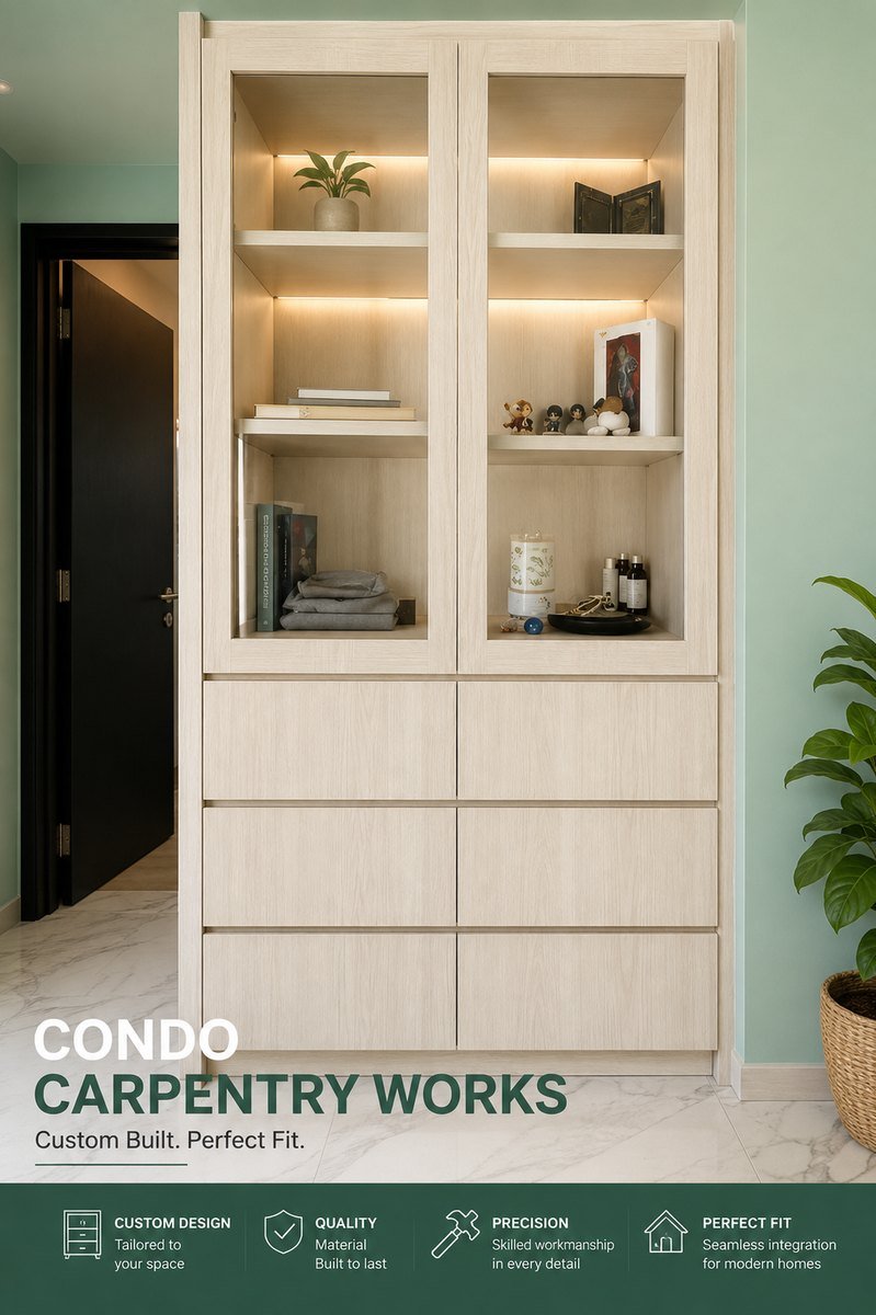 Condo renovation in Singapore featuring a light oak built-in display cabinet with integrated LED shelving