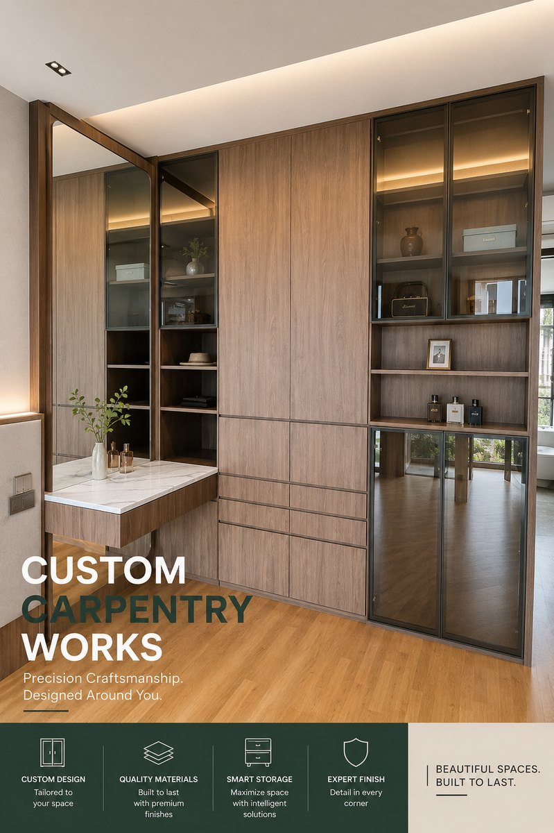 Custom carpentry in Singapore with full-height wardrobe, glass display cabinets and marble-top dresser
