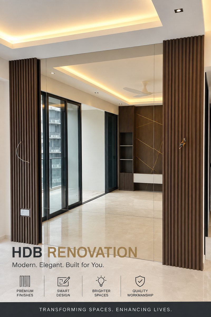 Completed HDB floor tiling with marble-look finish and timber feature wall